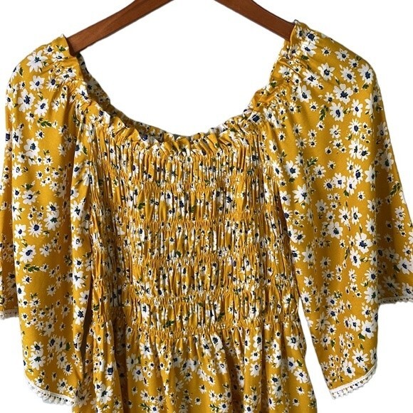 Chenault Fall Floral Smocked Square Neck Top Crochet Trim Wide Flare Sleeve Boho - Picture 4 of 15